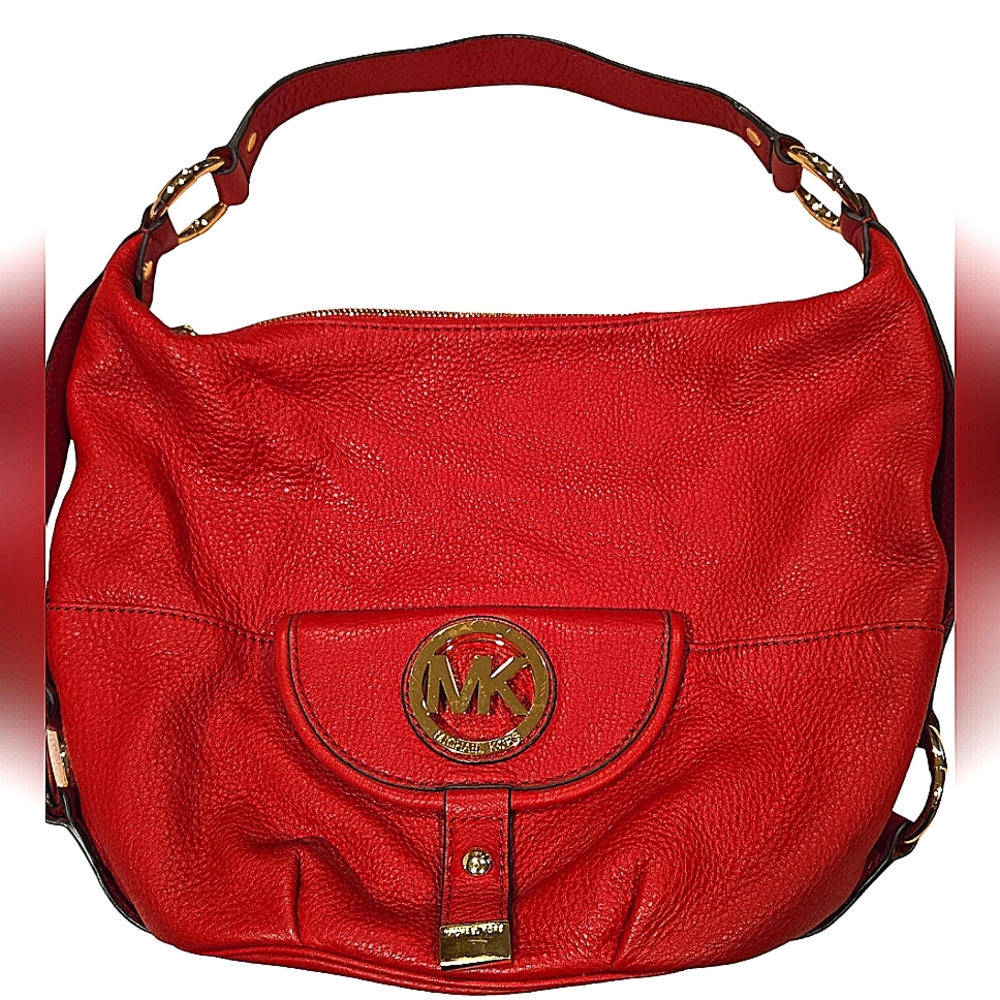 Micheal Kors Fulton Pebble Leather Shoulder Bag - Red